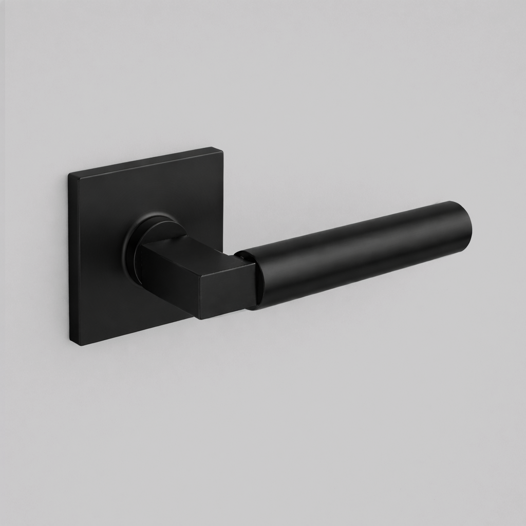 Matte black AHI 157 door lever, a round-bar lever with a stepped collar on a square rose.