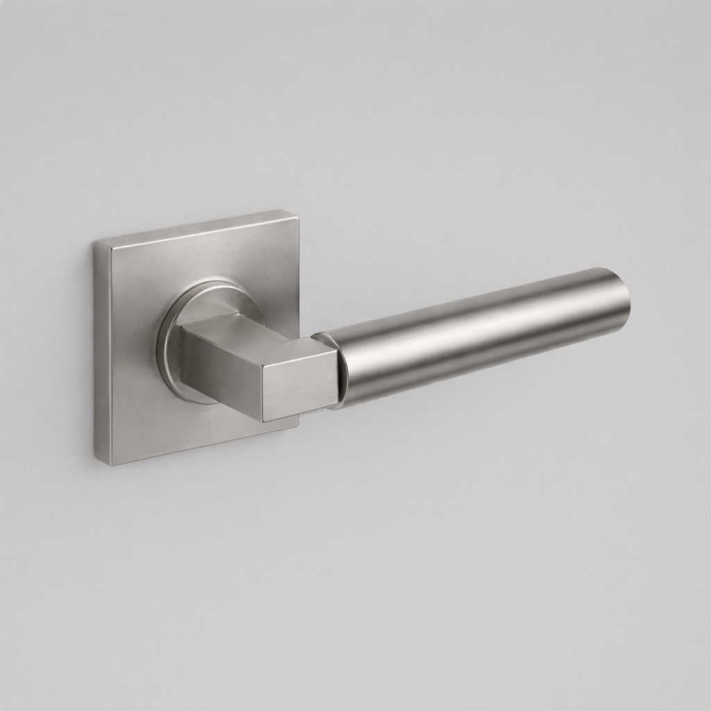 Satin stainless steel AHI 157 door lever, a round-bar lever with a stepped collar on a square rose.