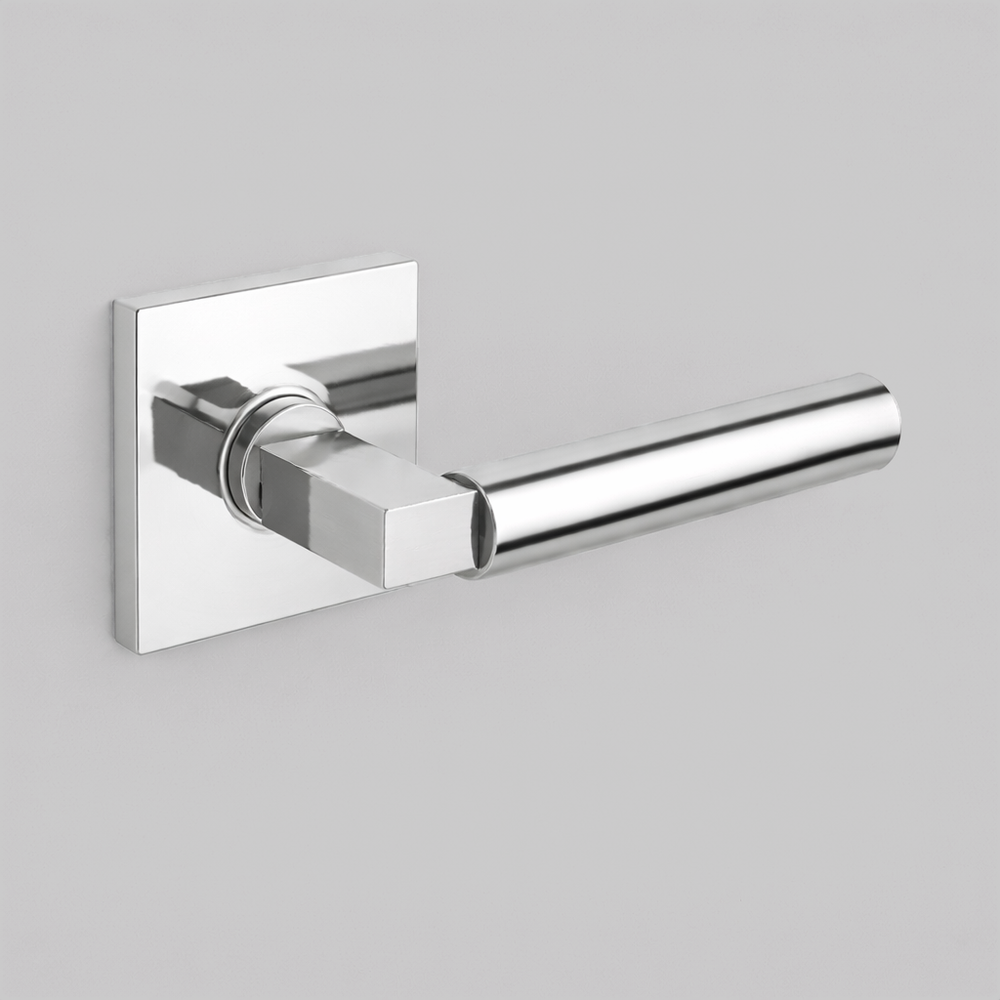 Polished chrome AHI 157 door lever, a round-bar lever with a stepped collar on a square rose.