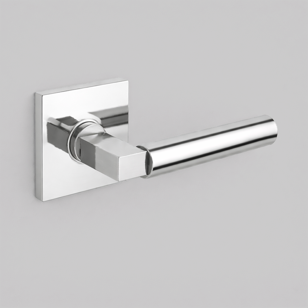 Polished chrome AHI 157 door lever, a round-bar lever with a stepped collar on a square rose.