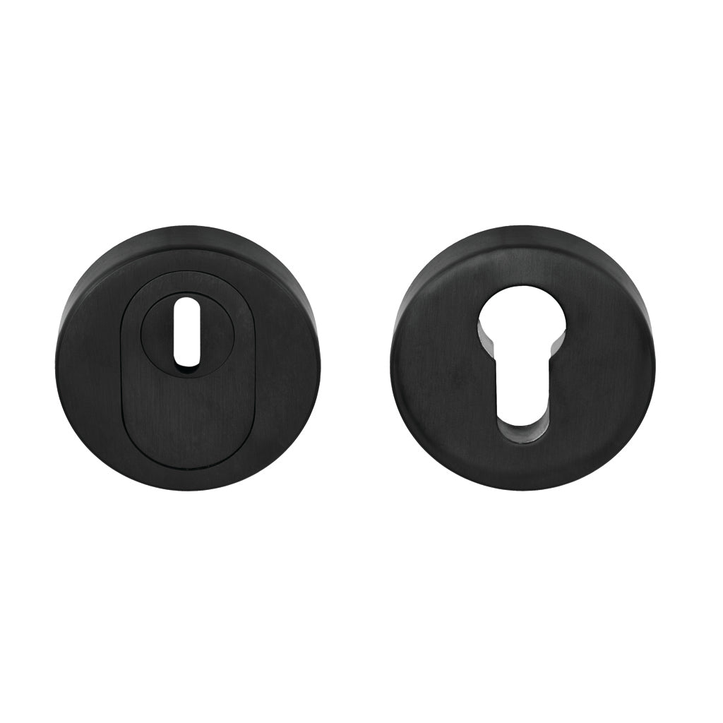 A pair of Formani ARC (L) BVEIL-KT Front Door Security Escutcheons in black on a white background.