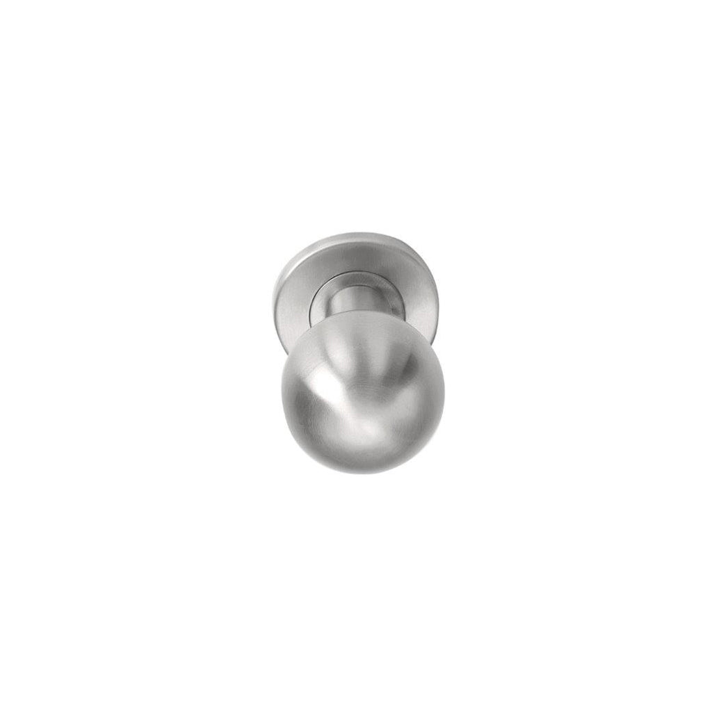 Satin steel Formani BASICS LB501 ball door knob on a round rose.