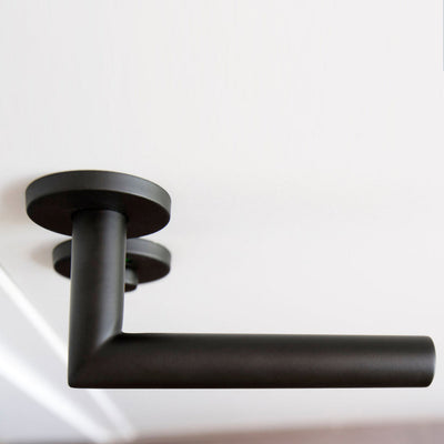 A close up of a Formani LBII-19 Door Lever on a door.
