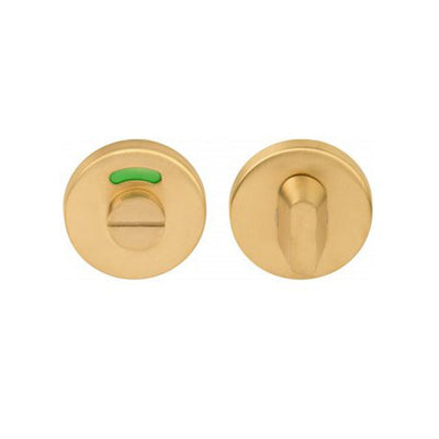 A pair of Formani BASICS LBWC50 Indicator Thumb Turn and Release door knobs with a green handle.