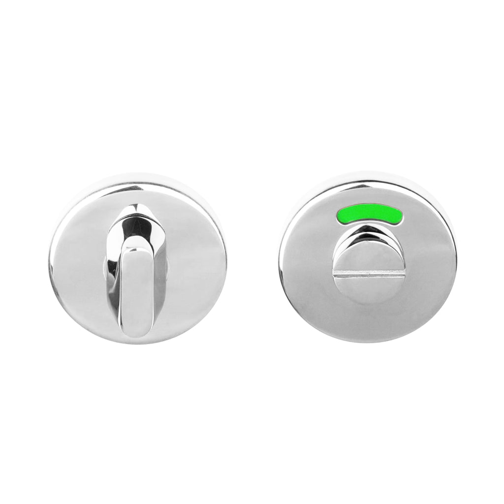 Polished chrome Formani BASICS LBWC50 indicator thumb turn with a red-green WC indicator.