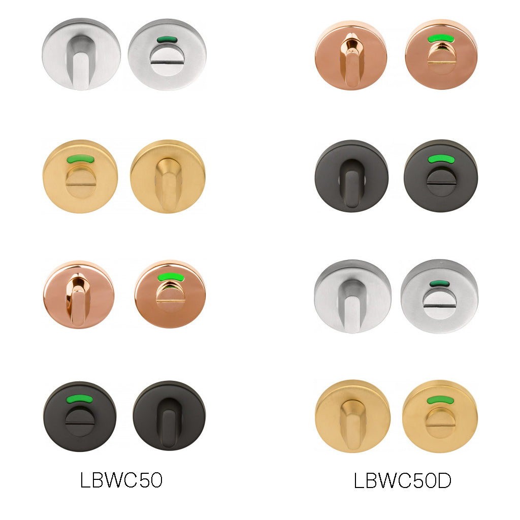 A set of four different types of Formani BASICS LBWC50 Indicator Thumb Turn and Release buttons.