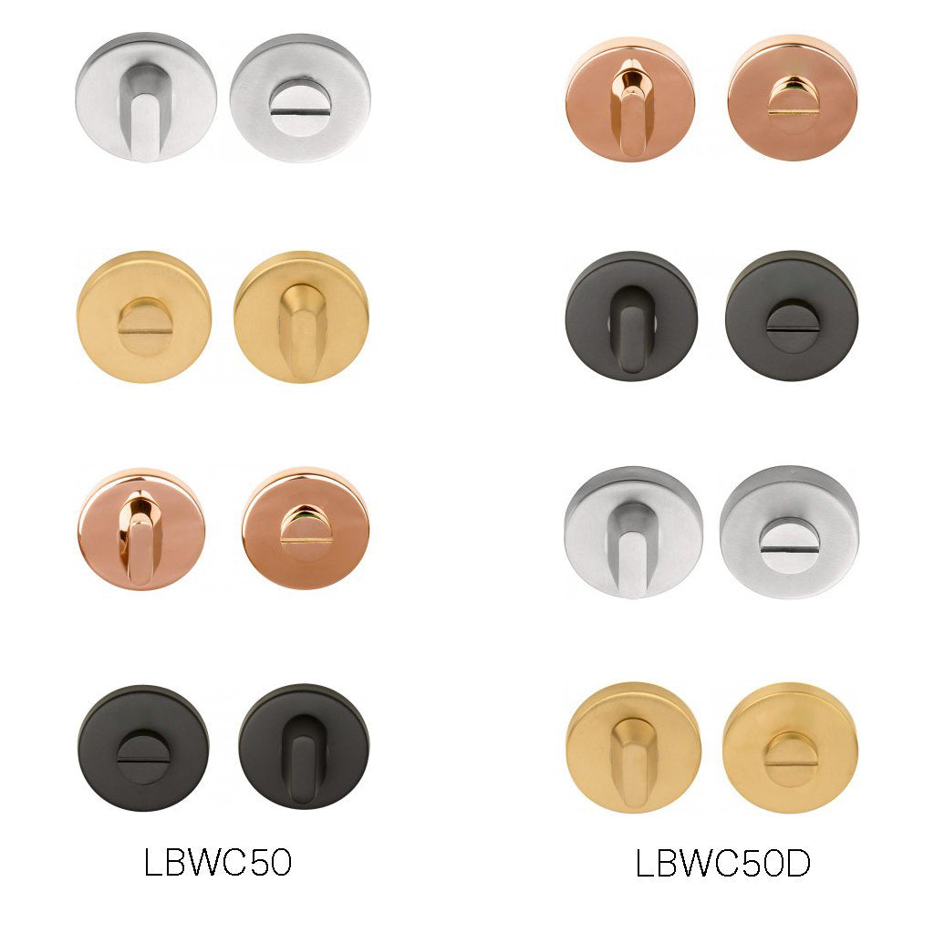 A group of different colored metal buttons, including the BASICS LBWC50 Thumb Turn and Release by Formani.