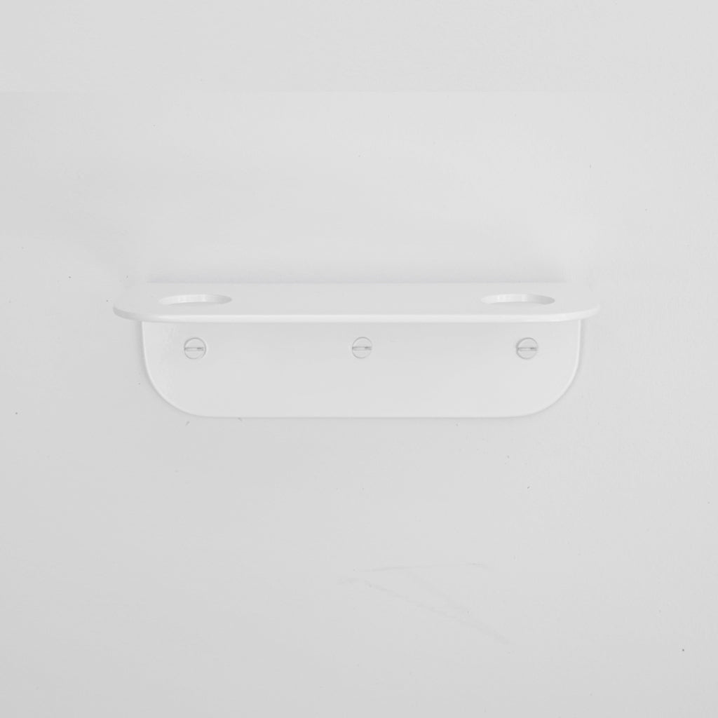Bende Double Soap Holder in powder coated glossy white mounted on white wall with 3 slot head screws