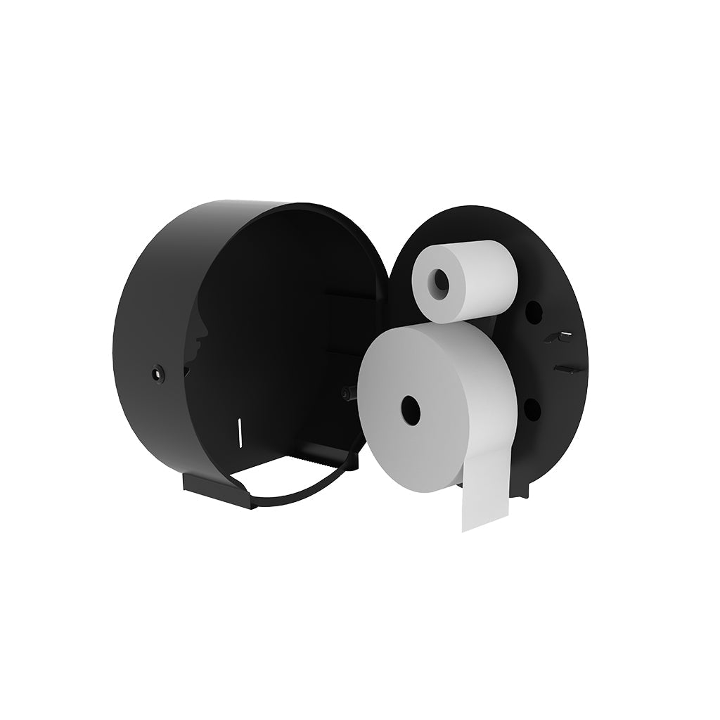 The Dan Dryer Bjork Jumbo Toilet Roll Holder is attached to a wall, holding two rolls of toilet paper.