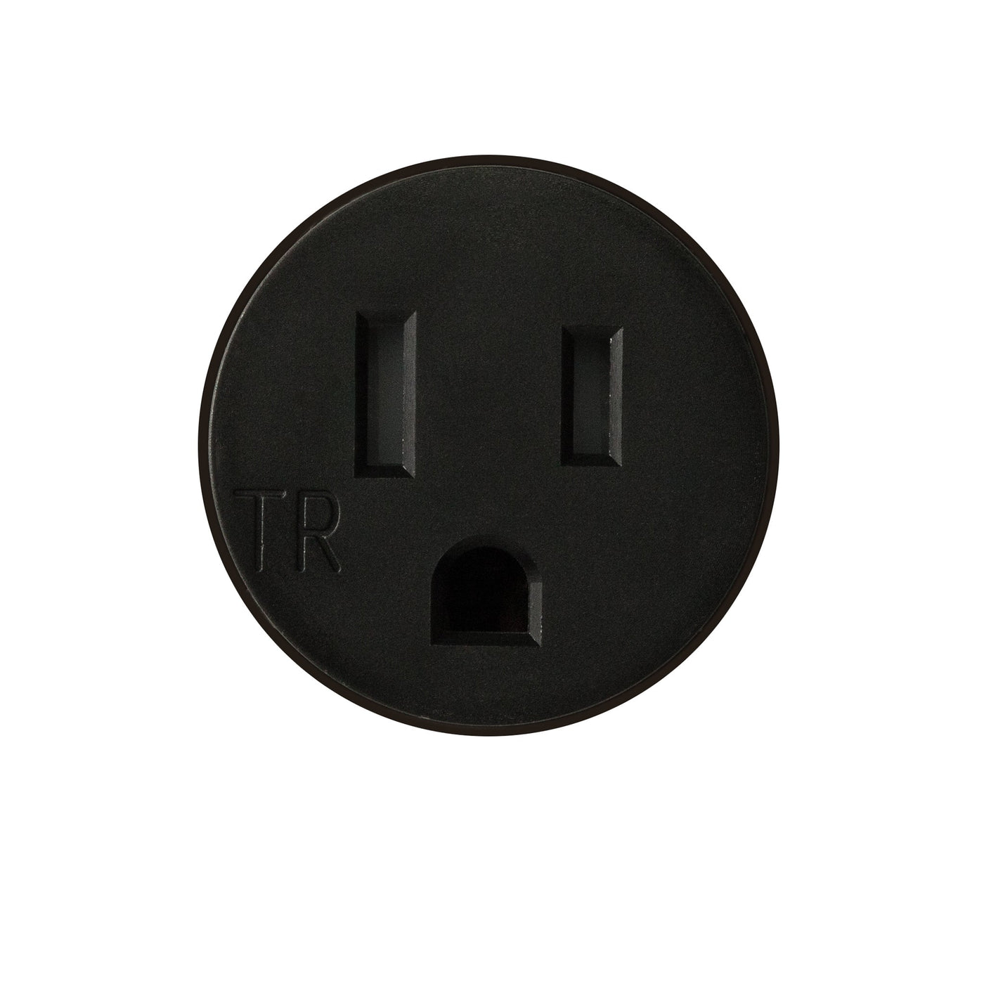 A black Bocci 22: Drywall Mud-In Mounting button with two holes in the middle.