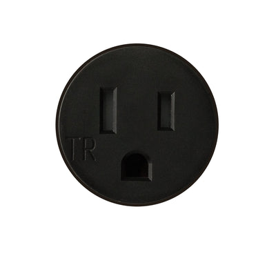A black Bocci 22: Drywall Mud-In Mounting button with two holes in the middle.