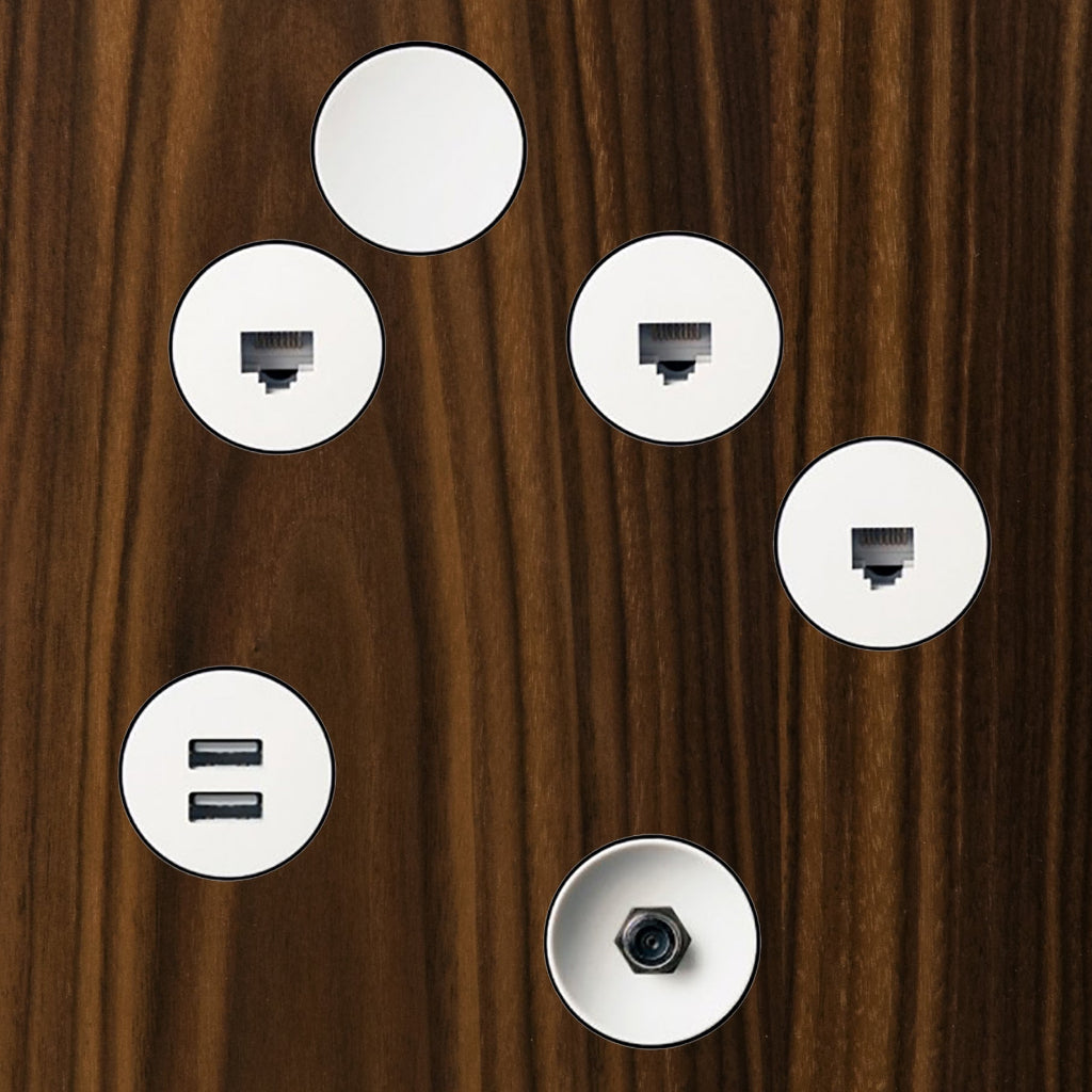 Various Bocci22 components set in a wood wall.