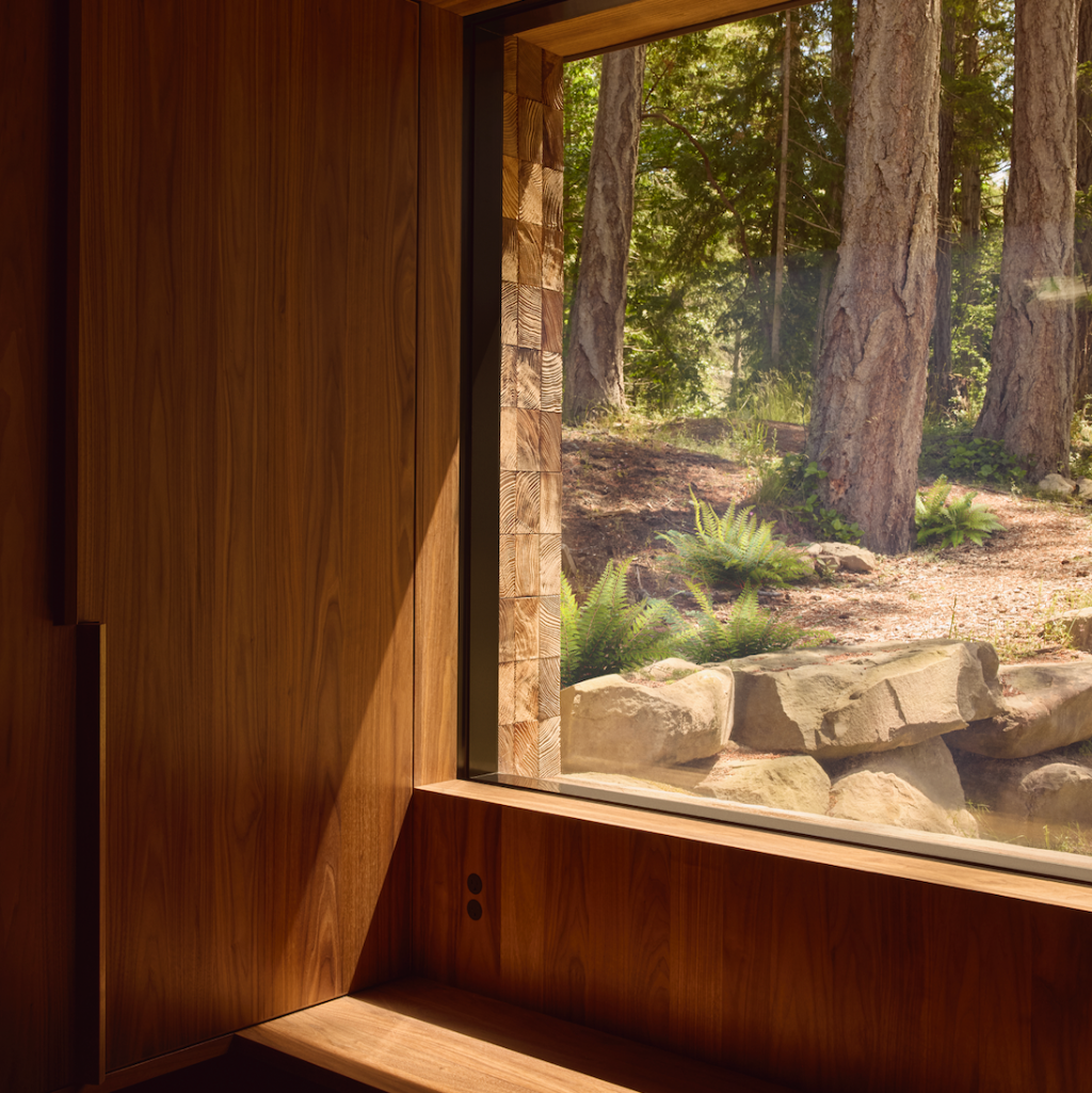 Window view of a forest from inside a wooden structure designed by Omer Arbel. Discrete Bocci flush outlets sit in the wood wall. 
