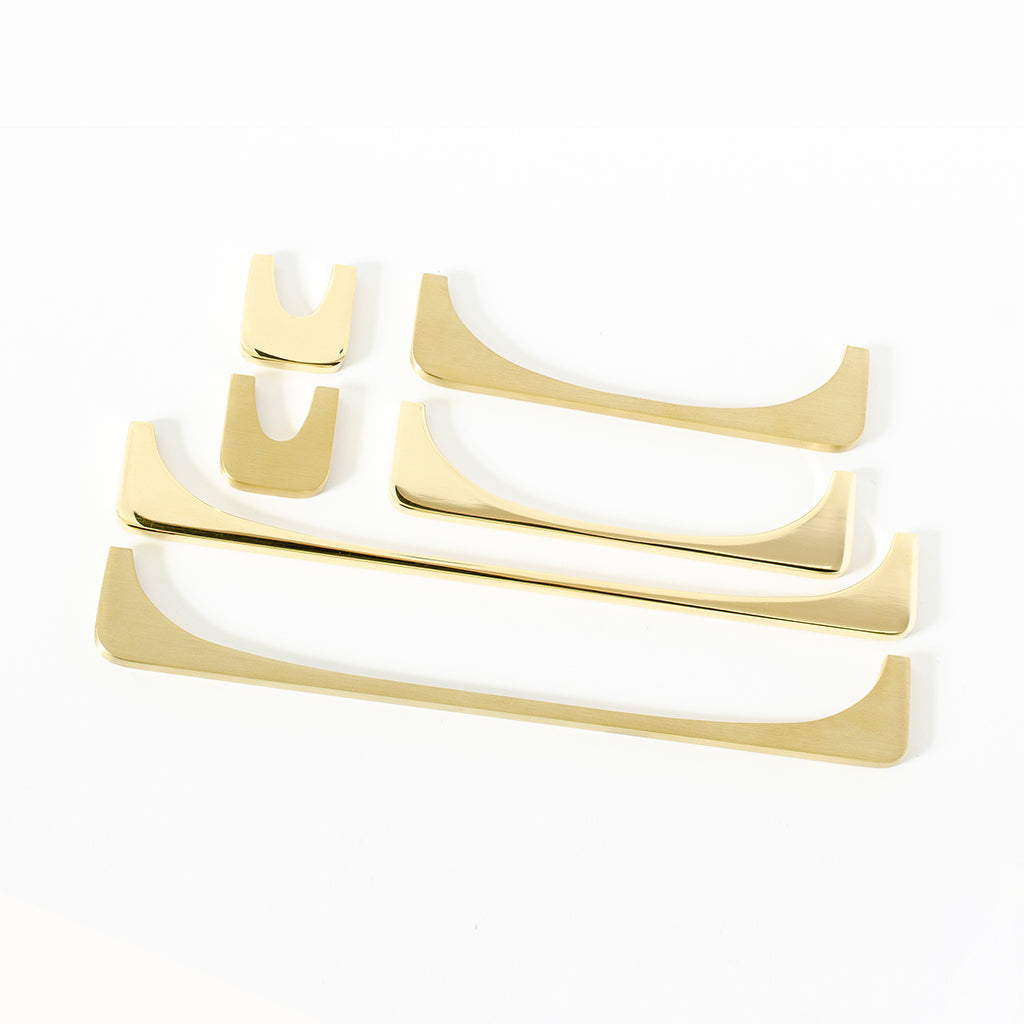 A set of three Baccman Berglund Bridge Pull door handles on a white background.