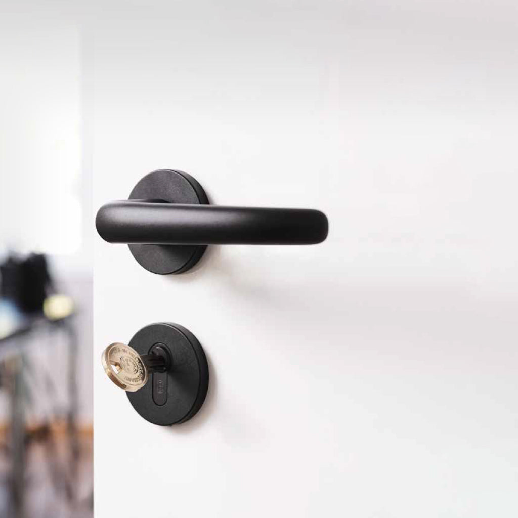 A CES Key Cylinder 815 Knob H handle on a white door.
