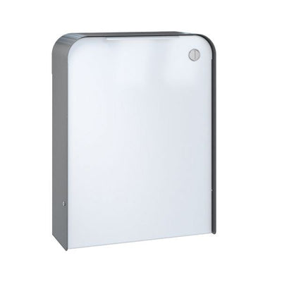 A close up of a white wall mounted Serafini toilet paper dispenser.