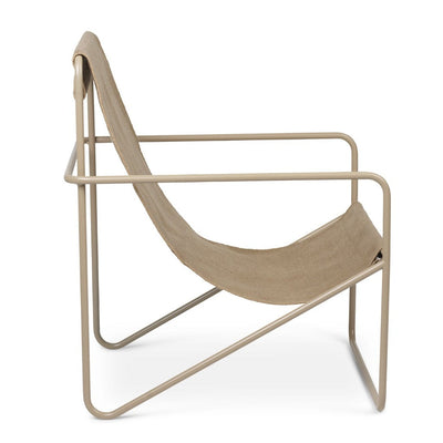 A Ferm Living Cashmere Solid Desert Lounge Chair with a wooden seat and a metal frame.
