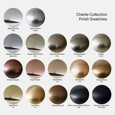 A bunch of different CBH Charlie Flush Pull 340 Door and Cabinet metallic objects in different colors.