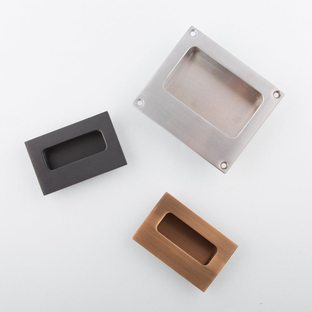 Collection of recessed flush pulls for cabinets. Hardware made in Toronto.