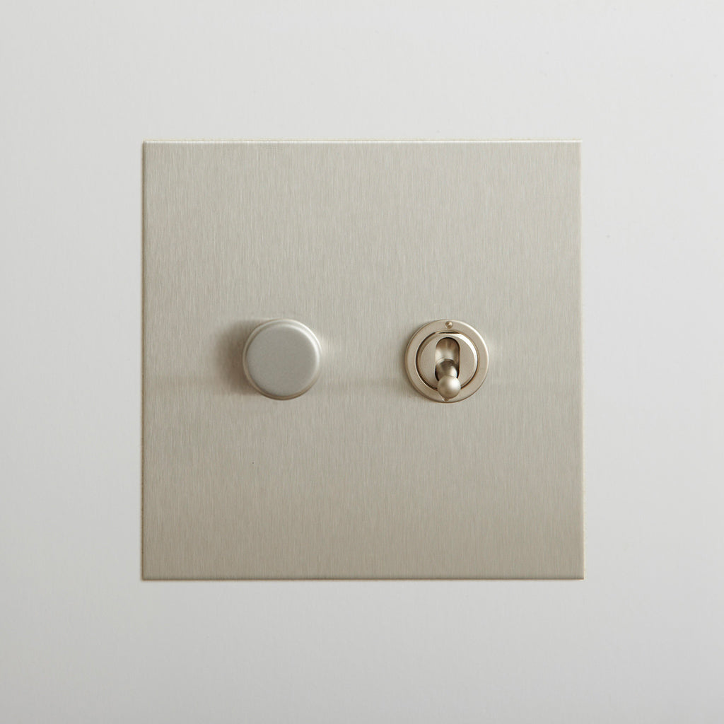 Stainless steel Forbes & Lomax switch plate with a rotary dimmer and a toggle switch.