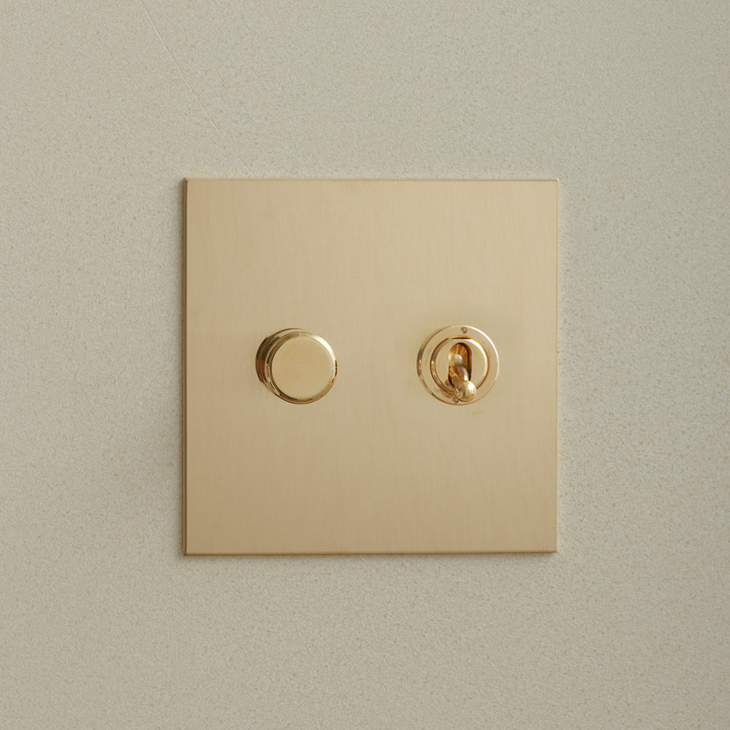 Unlacquered brass Forbes & Lomax switch plate with a rotary dimmer and a toggle switch.