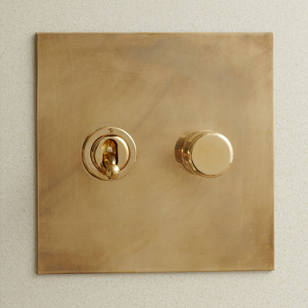 Aged brass Forbes & Lomax switch plate with a toggle switch and a rotary dimmer.