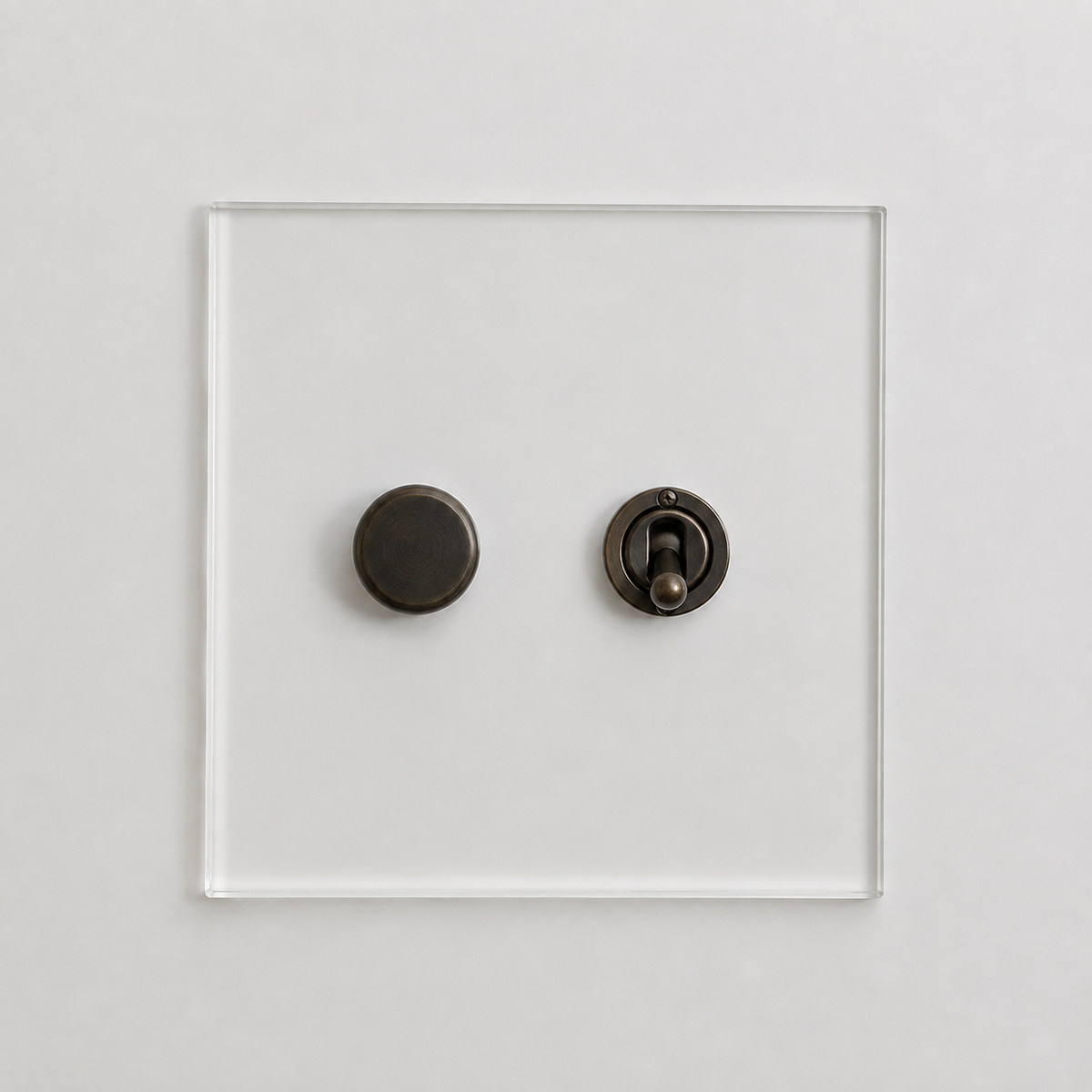 A modern two-button switch plate featuring a round black button and a lever-style switch with a dark bronze handle, set against a clear square acrylic panel on a light gray background.