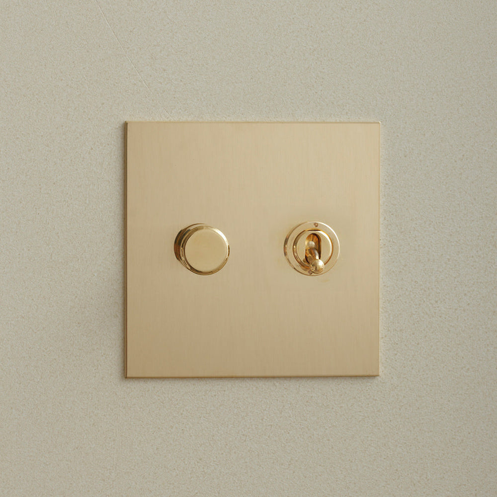 Unlacquered brass Forbes & Lomax switch plate with a rotary dimmer and a toggle switch.