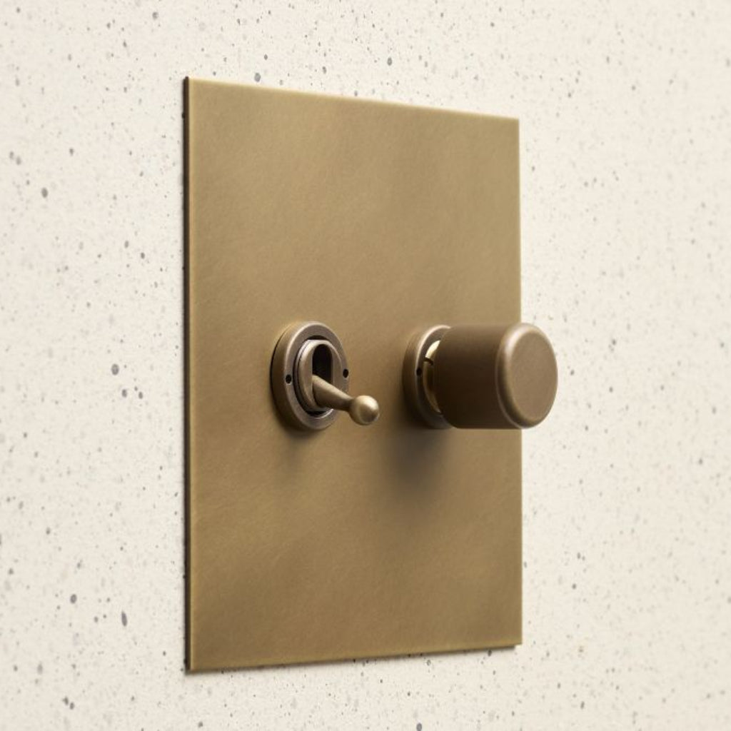 Brass Forbes & Lomax switch plate with a dimmer and toggle on a textured wall.