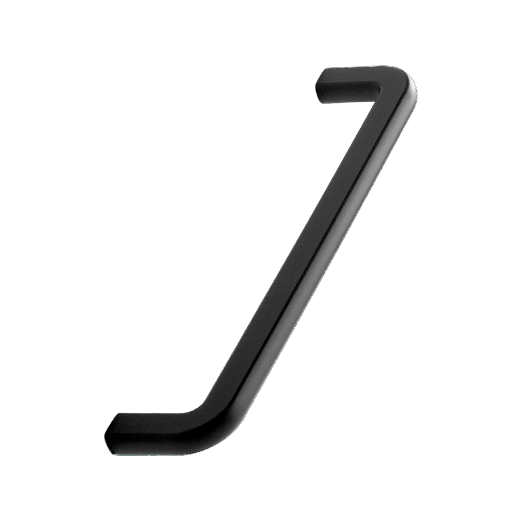 Matte black Furnipart Compact cabinet handle, a slim bar pull with angled ends, 160 mm centre distance.