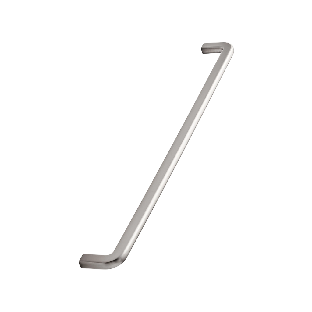 Inox look Furnipart Compact cabinet handle, a slim bar pull with angled ends, 320 mm centre distance.