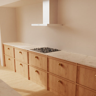 Modern minimal kitchen with wood cabinets and polished bronze Cercle Knobs
