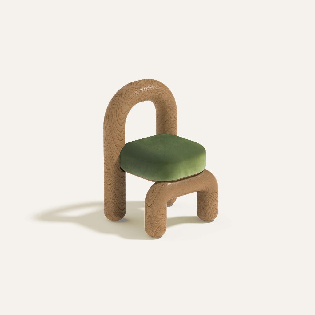 lithic dining chair with natural oak frame and green velvet upholstery