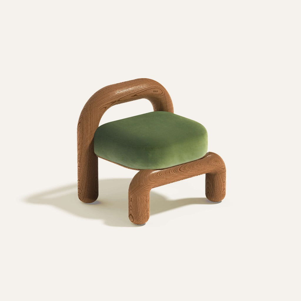 lithic lounge chair with red oak frame and green velvet upholstery seat