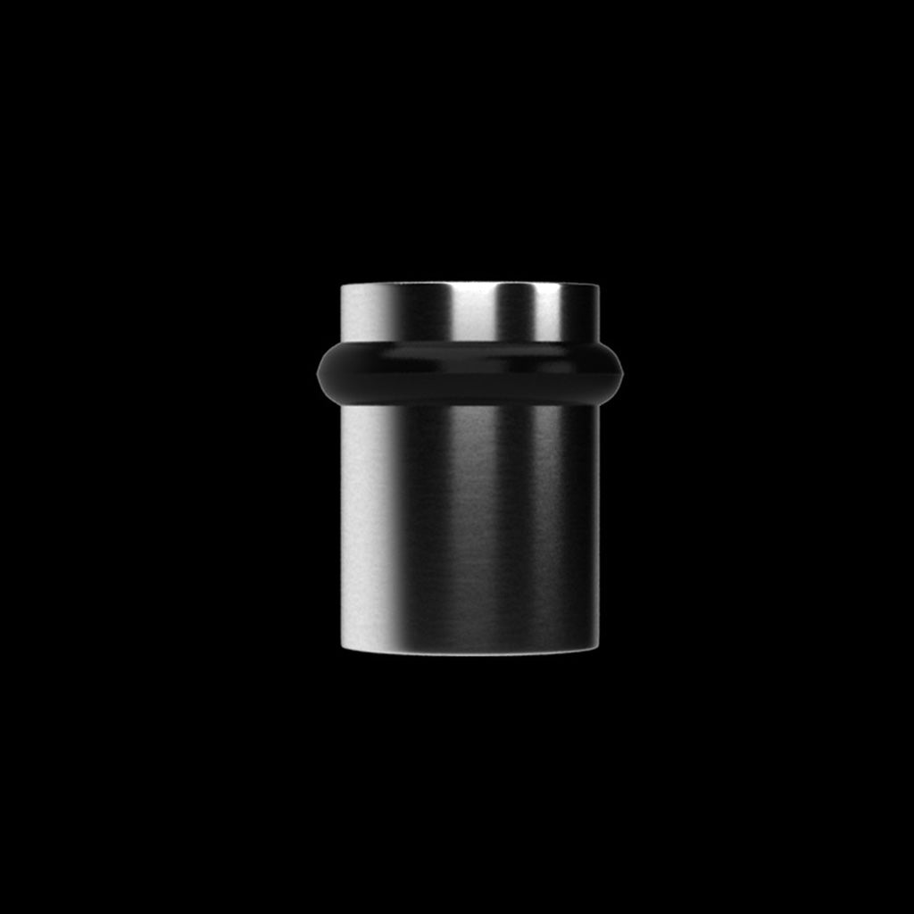A black and silver AHI Cylindrical Door Stop on a black background.