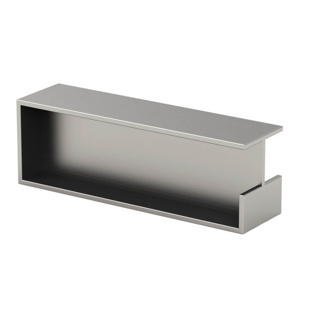 A Sugatsune stainless steel shelf with a white background.