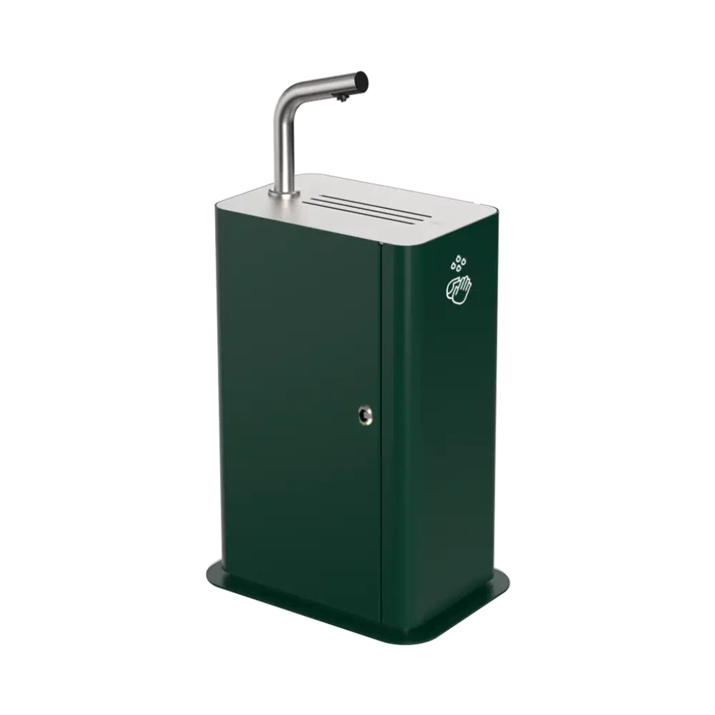Dan Dryer Column Junior free-standing hand sanitizer stand with touch-free sensor operation. Child-friendly design for schools, childcare and public spaces.