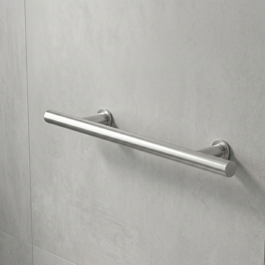 Stainless steel grab bar on grey tiled wall