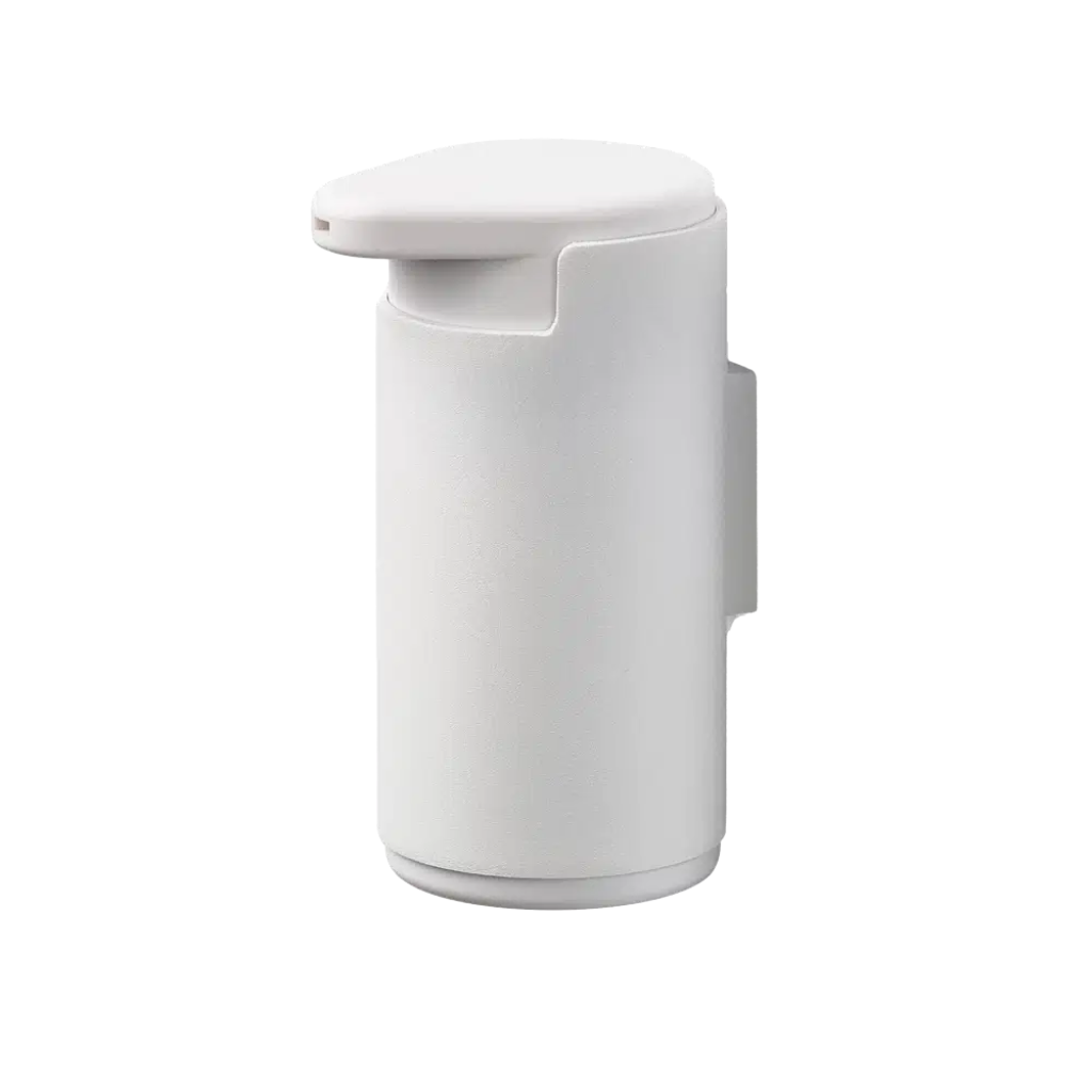 White cylindrical soap pump on white background