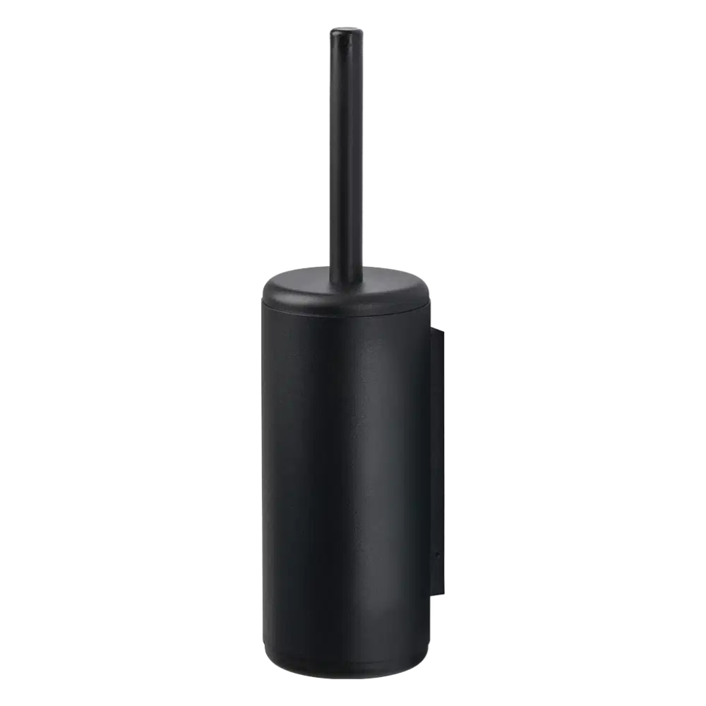 Black cylindrical toilet brush holder on white background