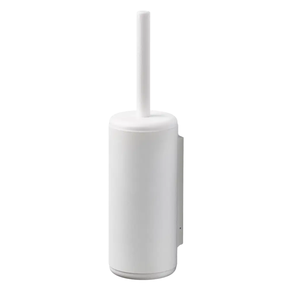 White cylindrical toilet brush holder on white background