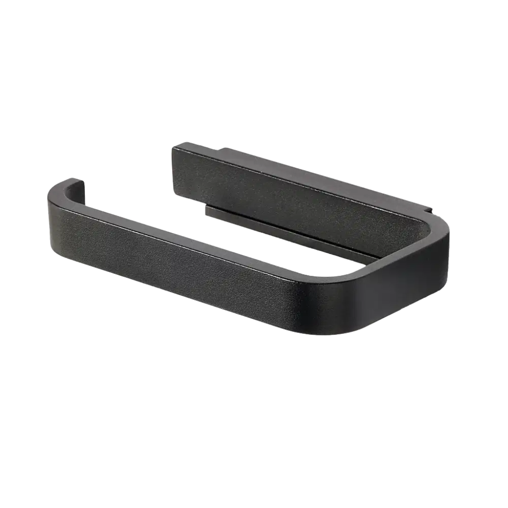 Black U shaped toilet paper roll holder on white background