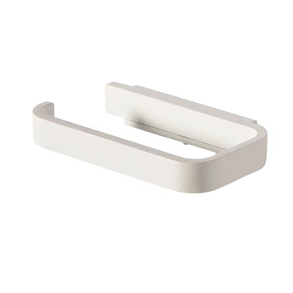 White U shaped toilet paper roll holder on white background
