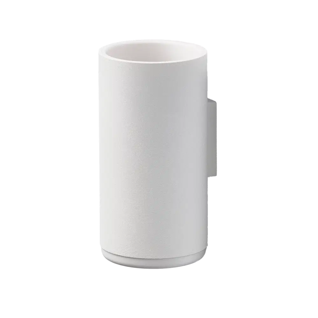 White cylindrical toothbrush holder on white background