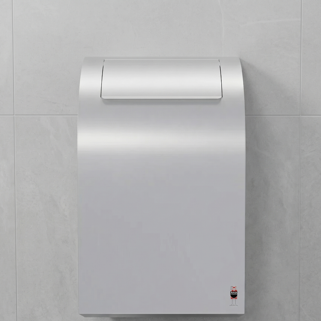 Stainless steel waste bin mounted on grey tiled wall