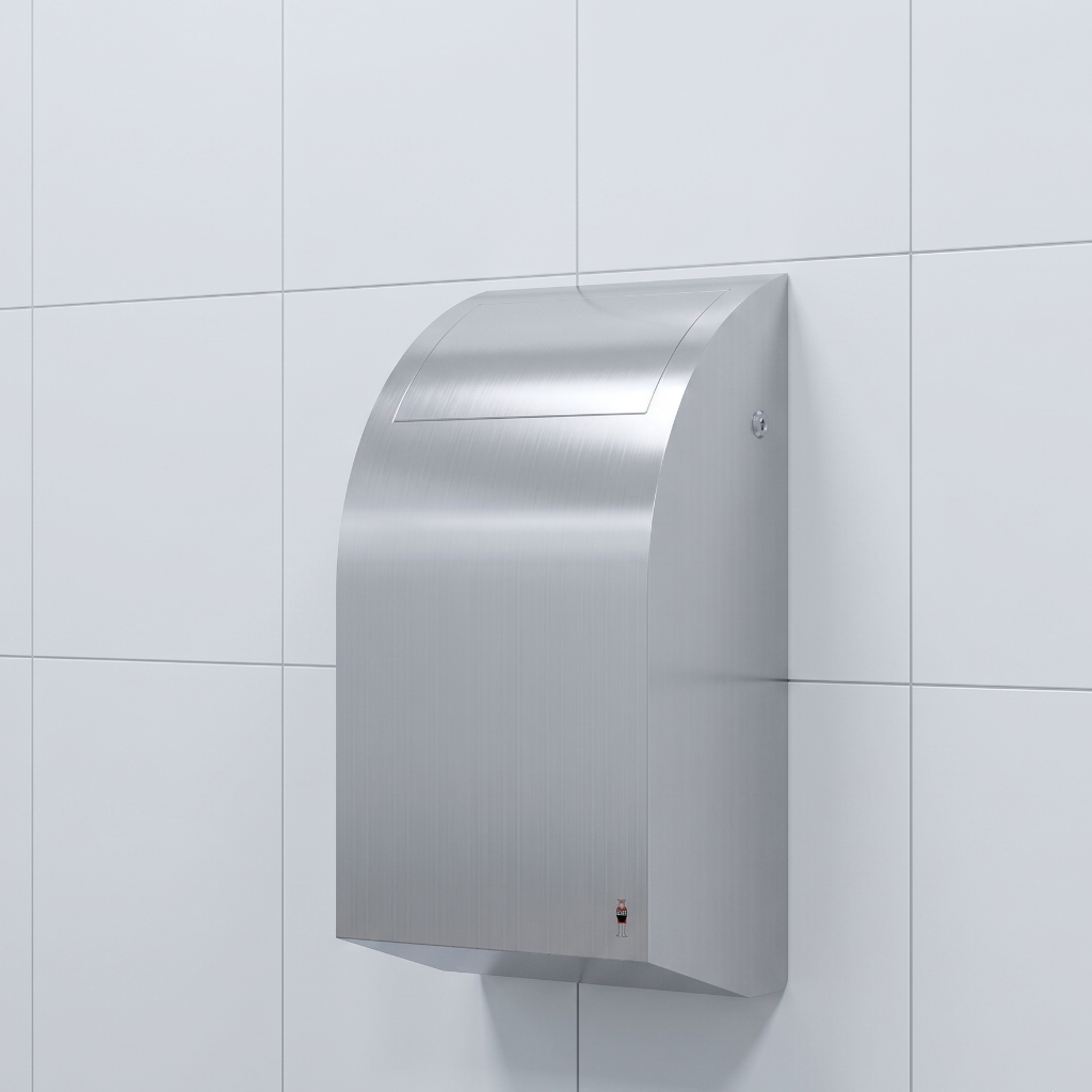 Stainless steel waste bin mounted on white tiled wall
