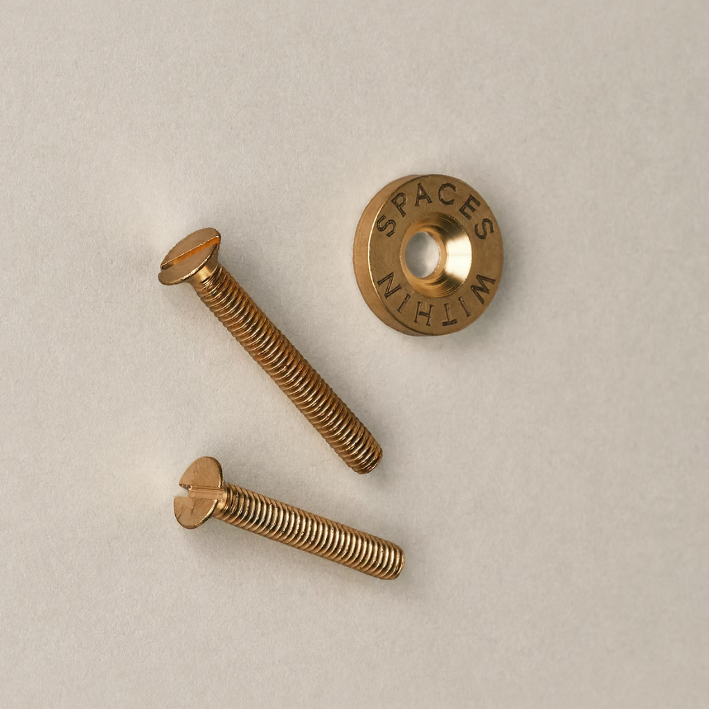Brass Spaces Within Doyen cabinet pull shown with its fixings.