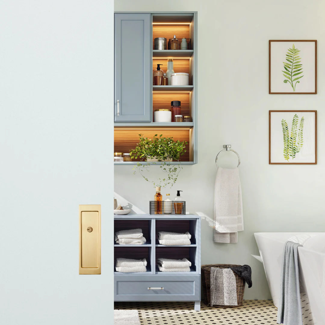 A bathroom with an AHI Explore Pocket Door Set Privacy and a shelf.