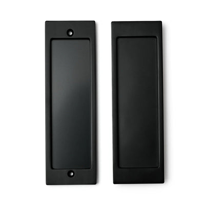 A pair of Explore Pocket Door Set Passage door handles in black by AHI on a white background.