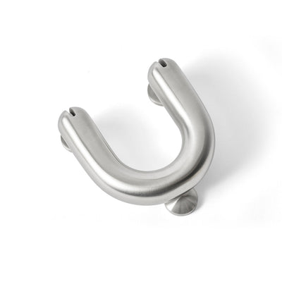 FAT Satin Stainless Steel Door Knocker flat lay on white background. Designed by Tom Dixon for d line.